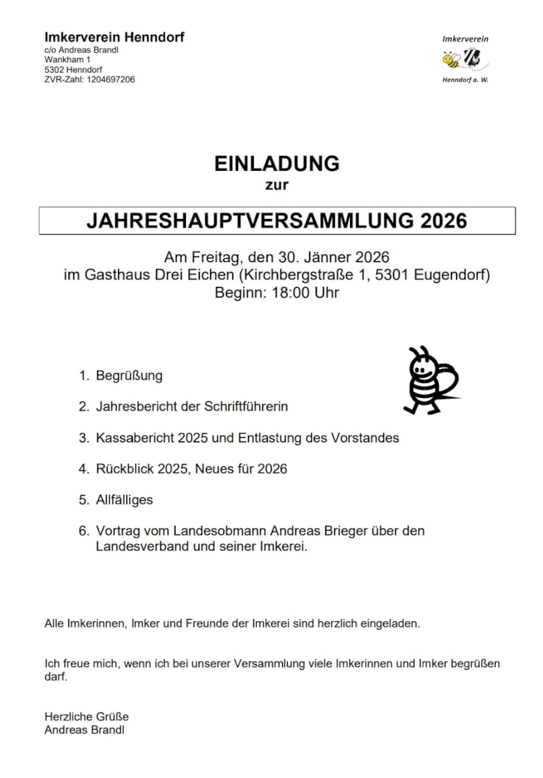 Einladung zur Jahreshauptversammlung 2026 des Imkervereins Henndorf