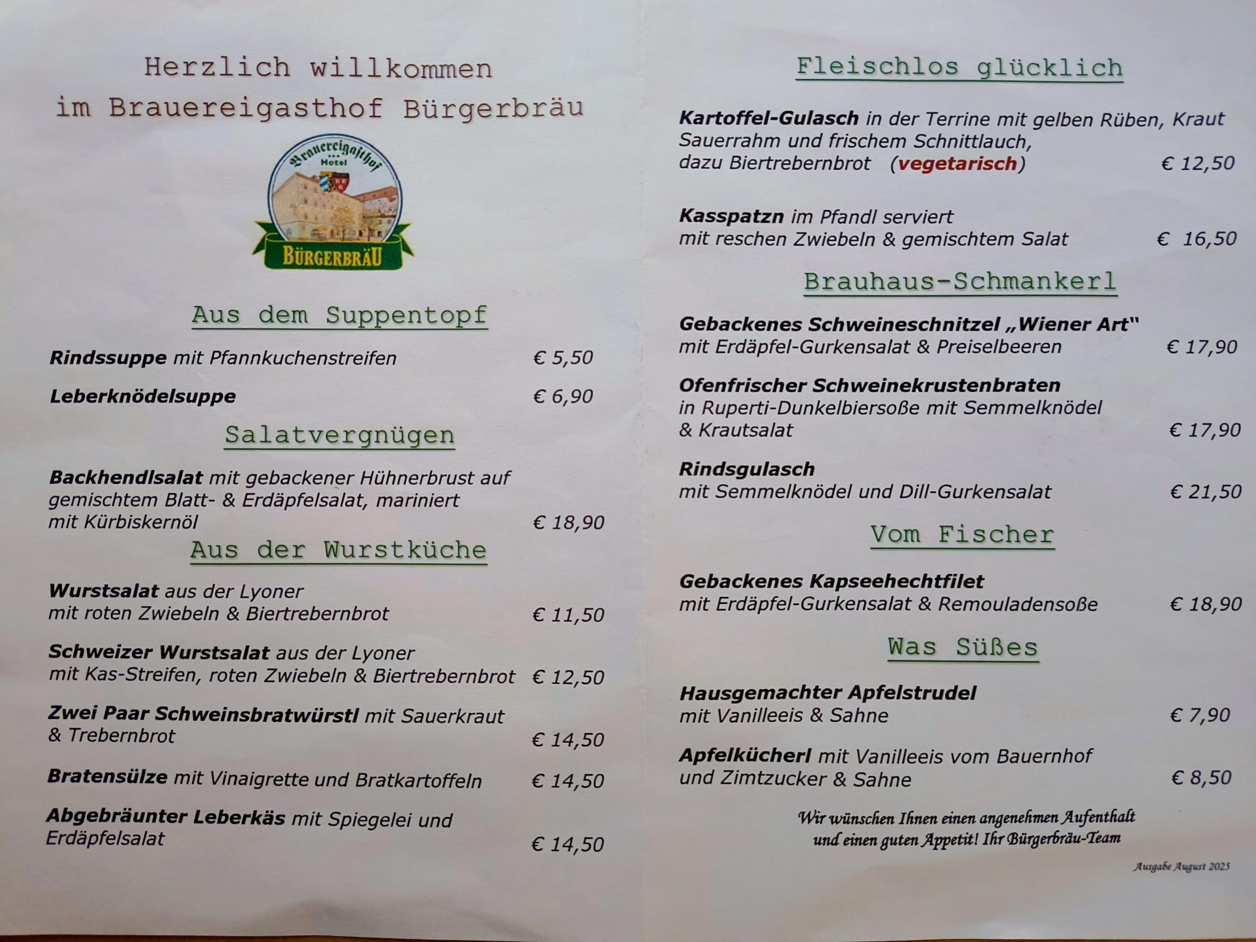 Speisekarte Bürgerbräu