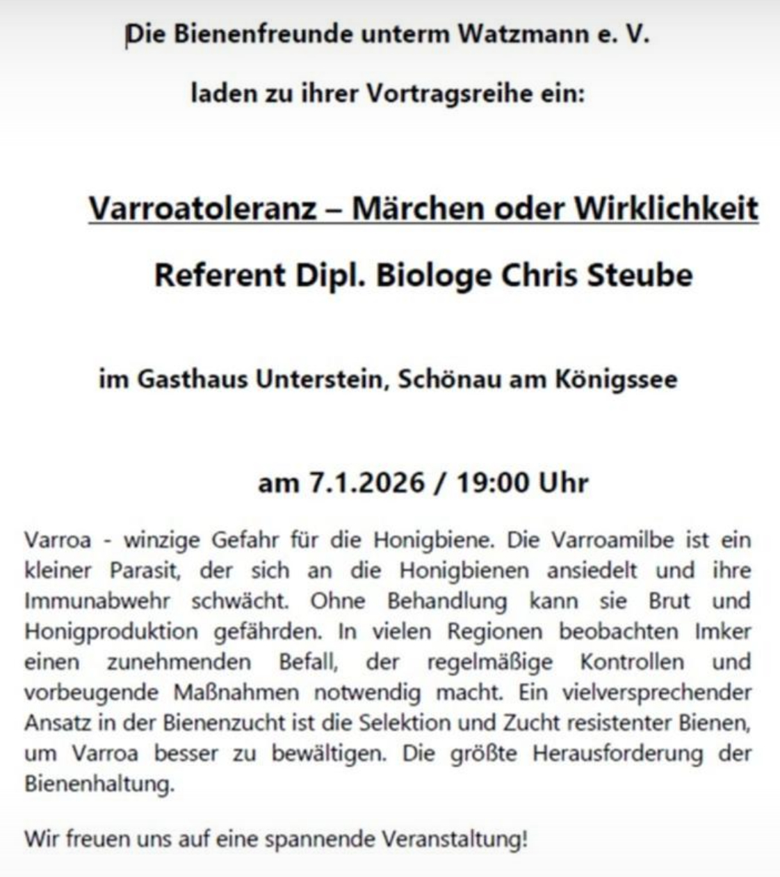 Einladung Vortrag Bienenfreunde unterm Watzmann